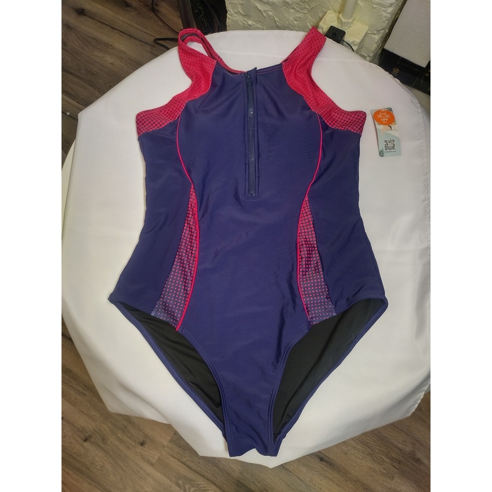 Attraco Womens Purple Pink Zip Front One Piece Swimsuit Athletic UPF 50+ XL NWT